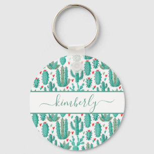 Whimsical green white pattern cactus monogram keychain