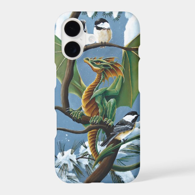 Whimsical Green Winter Fantasy Dragon Chickadees (Back)
