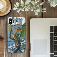 Whimsical Green Winter Fantasy Dragon Chickadees