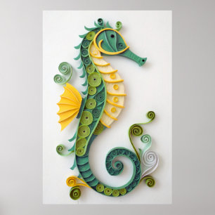 Whimsical Green & Yellow Quilled Seahorse Sculptur Poster