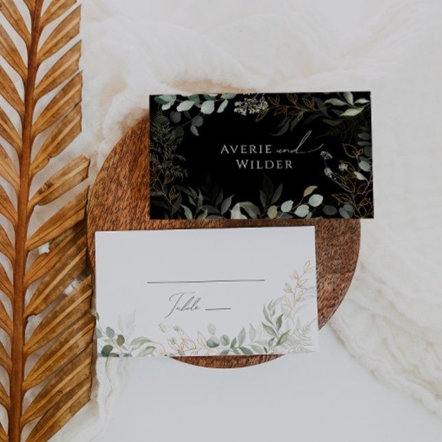 Whimsical Greenery and Gold | Black and White Flat Place Card (Creator Uploaded)