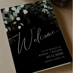 Whimsical Greenery and Gold   Black Folded Wedding Program
