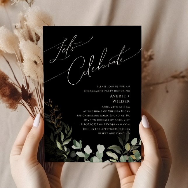 Whimsical Greenery and Gold Black Let's Celebrate Invitation (Creator Uploaded)