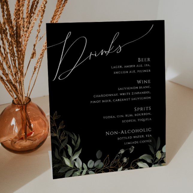 Whimsical Greenery and Gold | Black Wedding Drinks Pedestal Sign (Creator Uploaded)