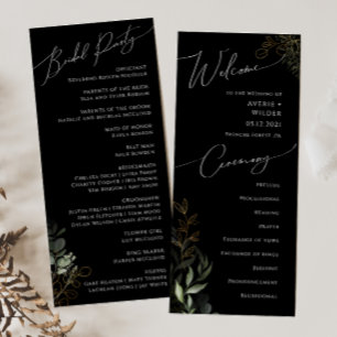 Whimsical Greenery and Gold   Black Wedding Program