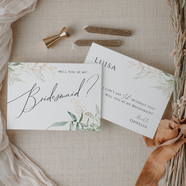 Whimsical Greenery and Gold Bridesmaid Card (Creator Uploaded)