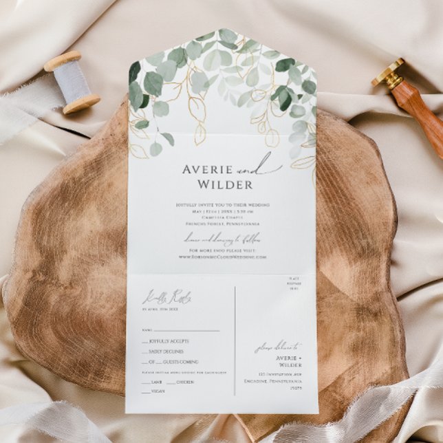 Whimsical Greenery and Gold Casual Seal And Send All In One Invitation (Creator Uploaded)