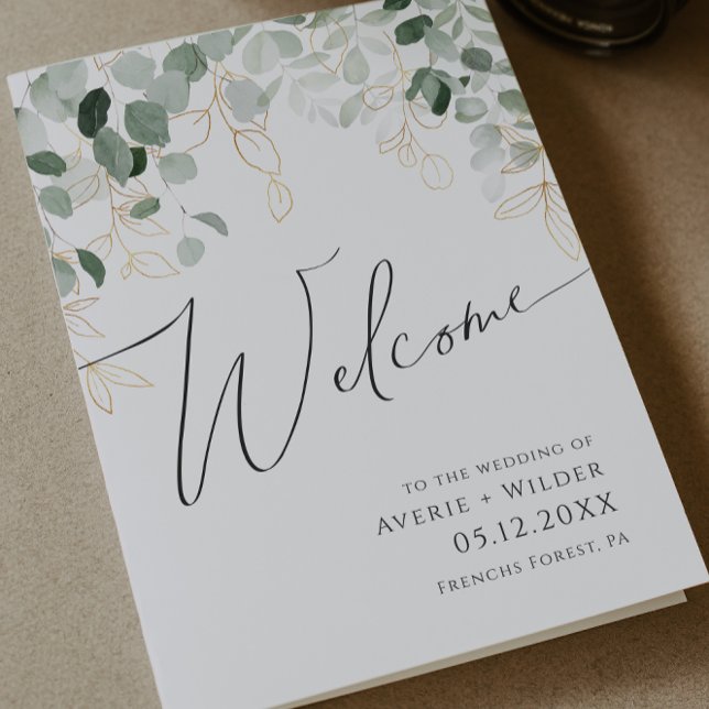 Whimsical Greenery and Gold | Folded Wedding Program (Creator Uploaded)