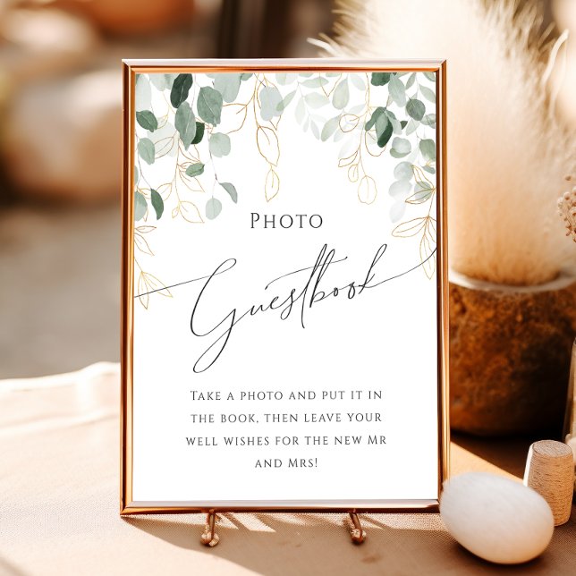 Whimsical Greenery and Gold Photo Guest Book Sign (Creator Uploaded)