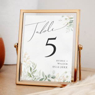 Whimsical Greenery and Gold Table Number