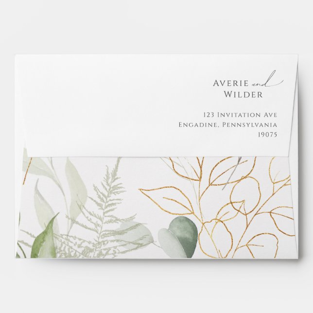 Whimsical Greenery and Gold Wedding Invitation Envelope (Back (Top Flap))