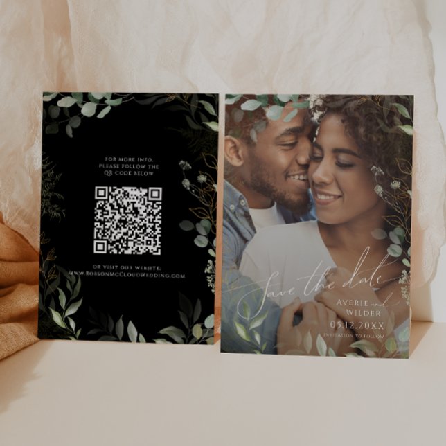 Whimsical Greenery Black and Gold Photo QR Code Save The Date (Creator Uploaded)