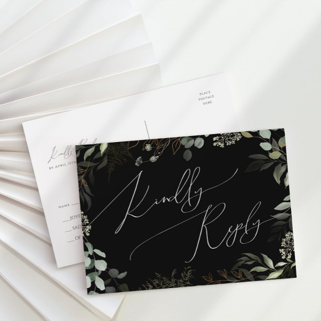 Whimsical Greenery Black and Gold Wedding RSVP Postcard (Creator Uploaded)