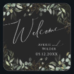 Whimsical Greenery Black and Gold Wedding Welcome Square Sticker<br><div class="desc">Step into a world of enchantment with our whimsical greenery black and gold wedding welcome square sticker, perfect for your botanical spring boho wedding. Adorned with sage green eucalyptus and gold accents, this welcome sticker exudes elegance and modern whimsy. Imagine strolling through a magical summer garden, surrounded by the soothing...</div>