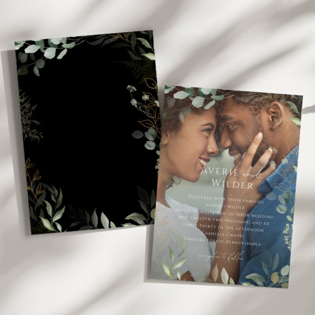 Whimsical Greenery Black Gold Photo Frame Wedding Invitation (Creator Uploaded)