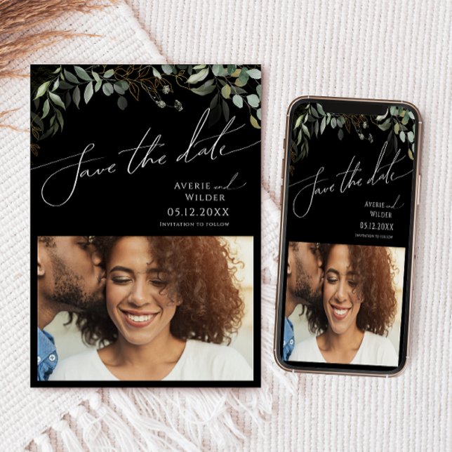 Whimsical Greenery Black Gold Photo Save The Date (Creator Uploaded)