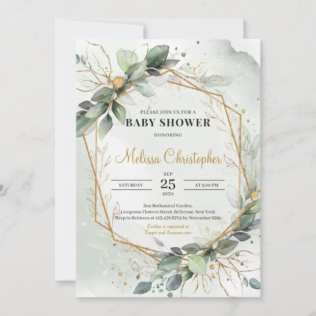 Whimsical Greenery foliage gold geometric Baby Invitation (Front)