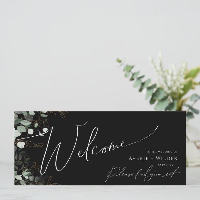 Whimsical Greenery Gold Black Seating Chart Header (Standing Front)