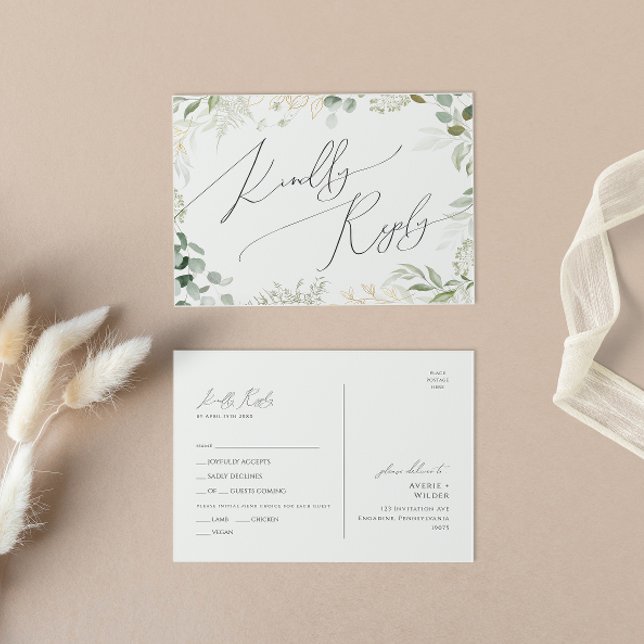 Whimsical Greenery Gold Menu Choice RSVP Postcard (Creator Uploaded)