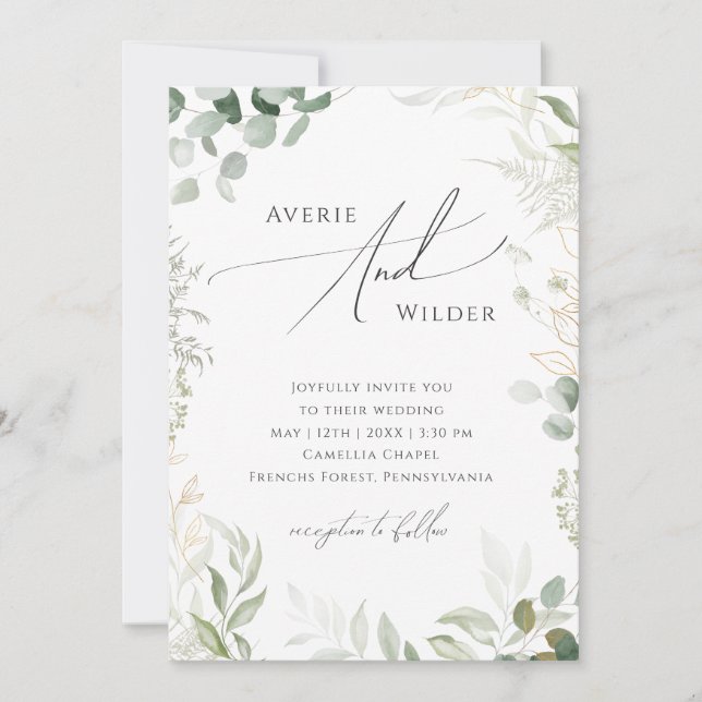 Whimsical Greenery Gold QR Code All In One Wedding Invitation (Front)