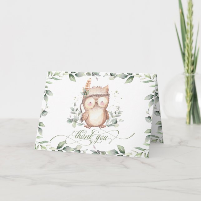 Whimsical Greenery Tribal Owl Baby Shower Birthday Thank You Card (Front)