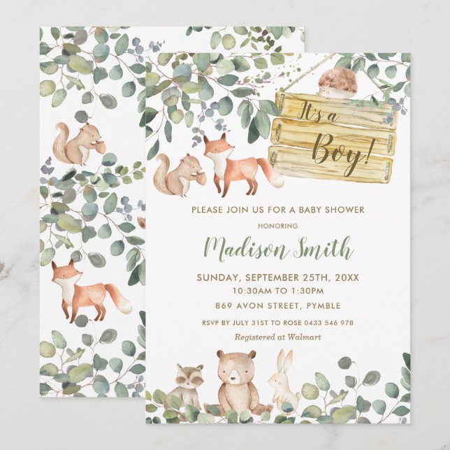 Whimsical Greenery Woodland Animals Baby Shower Invitation (Front/Back)
