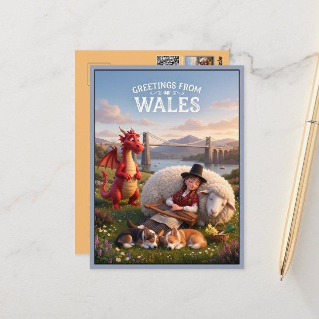 Whimsical Greetings from Wales Postcard (Front/Back In Situ)