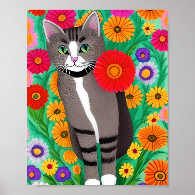 Whimsical Grey and White Cats and Red Flower Poster (Front)
