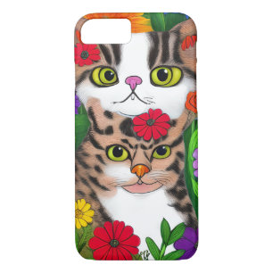 Whimsical Grey and White Cats   Colourful Flowers Case-Mate iPhone Case