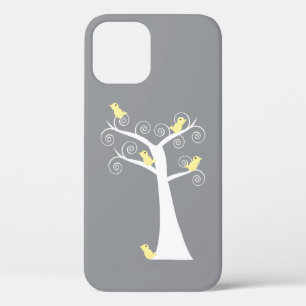 Whimsical Grey and Yellow Birds in Curly Tree iPhone 12 Pro Case