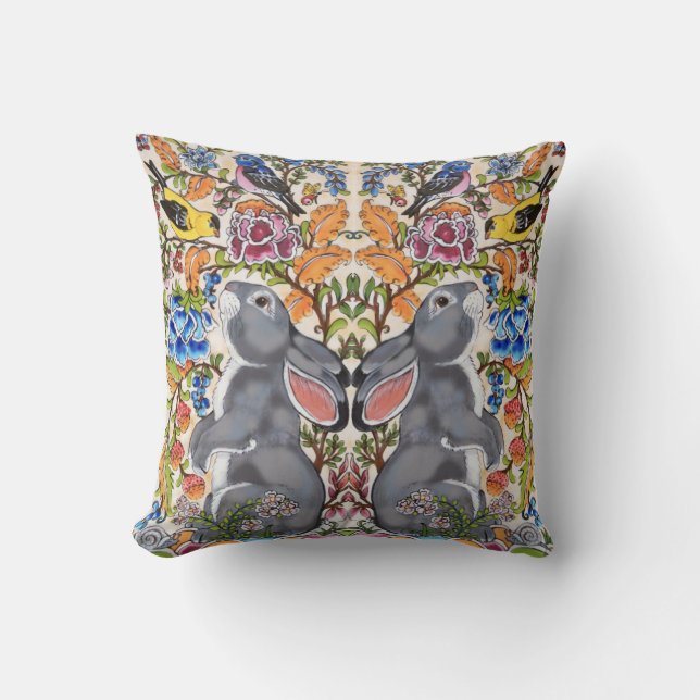 Whimsical Grey Bunny Rabbit Bird Floral Jacobean Throw Pillow (Front)