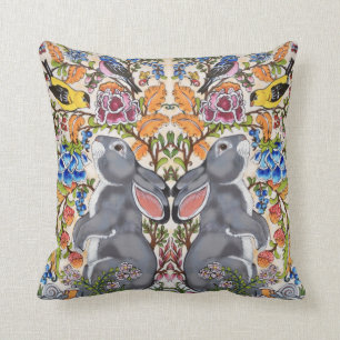 Whimsical Grey Bunny Rabbit Bird Floral Jacobean Throw Pillow