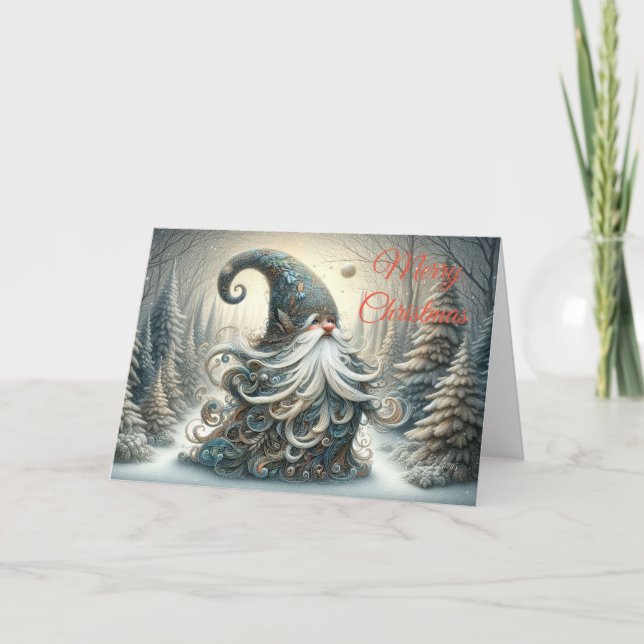 Whimsical Grey Christmas Gnome Greeting Card (Front)