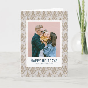 Whimsical Grey Gold Pine Tree Family Photo 2021 Holiday Card
