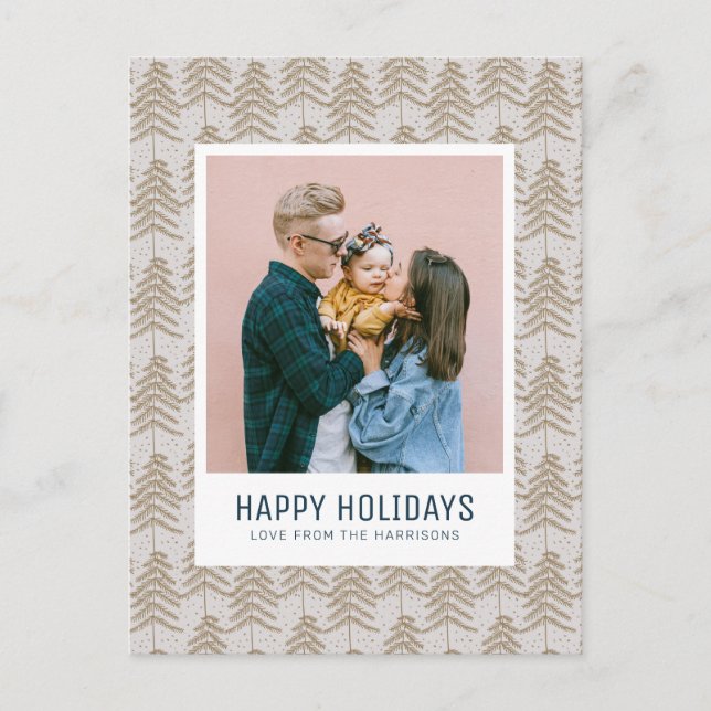 Whimsical Grey Gold Pine Tree Pattern Family Photo Holiday Postcard (Front)