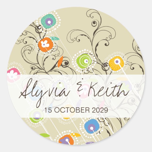 Whimsical Groovy Flower Garden Wedding Sticker (Front)