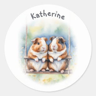 Whimsical Guinea Pigs on a Swing Personalized Classic Round Sticker