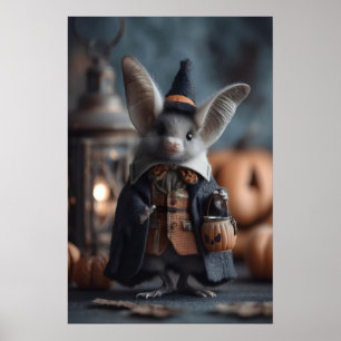 Whimsical Halloween Bat Art Print, Witch Costume Poster