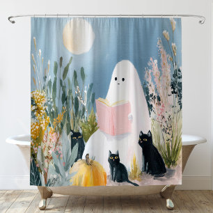 Whimsical Halloween Book Lover Ghost Black Cats