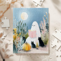Whimsical Halloween Book Lover Ghost Black Cats