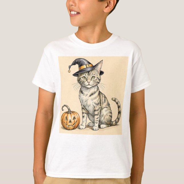 Whimsical Halloween Cat, Halloween Witchy Cat,     T-Shirt (Front)