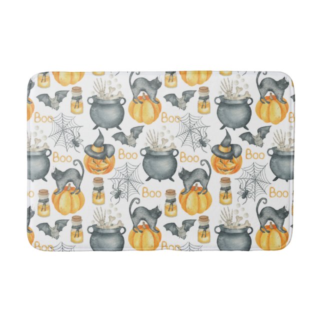 Whimsical Halloween Cauldron and Cats Pattern Bath Mat (Front)