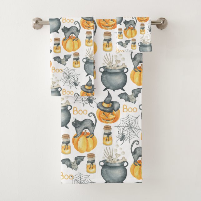 Whimsical Halloween Cauldron and Cats Pattern Bath Towel Set (Insitu)