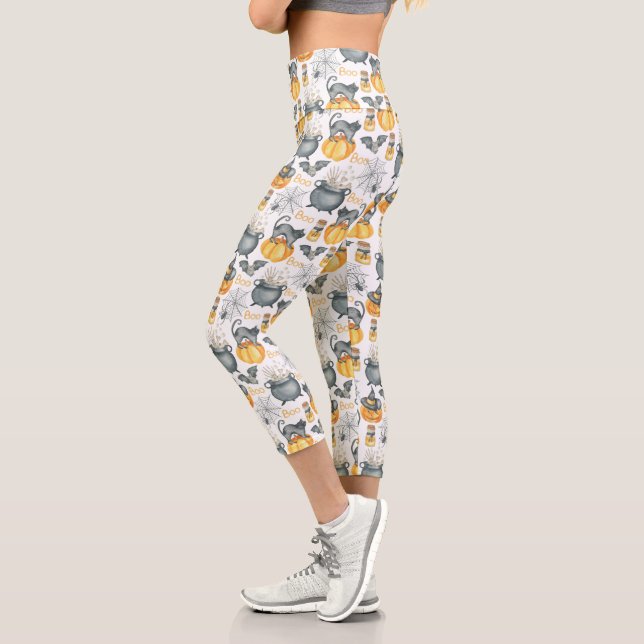 Whimsical Halloween Cauldron and Cats Pattern Capri Leggings (Left)