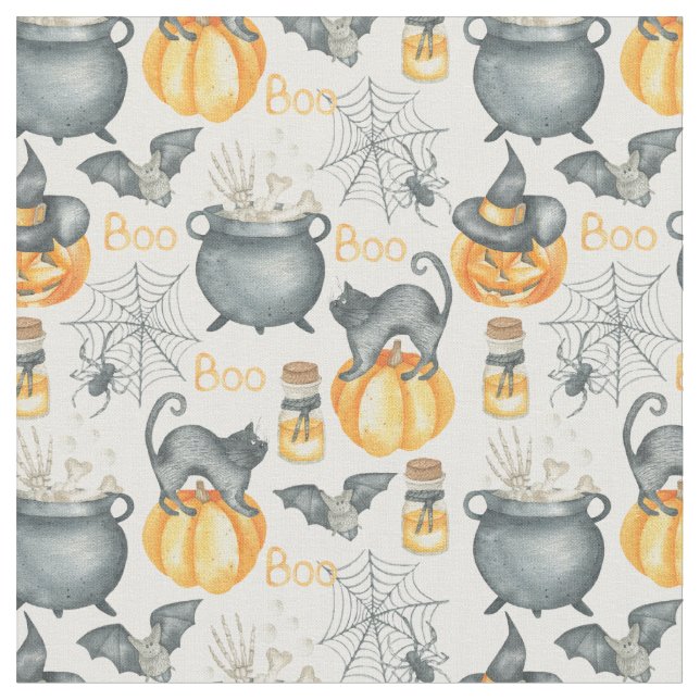 Whimsical Halloween Cauldron and Cats Pattern Fabric (Close Up)