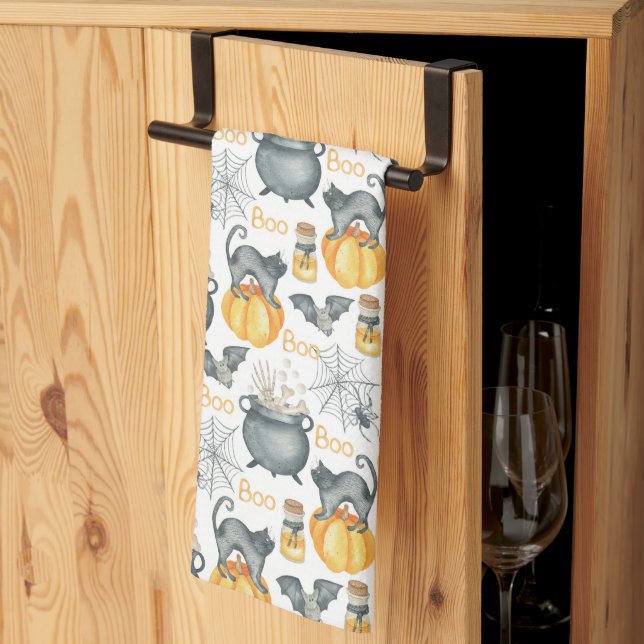 Whimsical Halloween Cauldron and Cats Pattern Kitchen Towel (Thirds Fold)