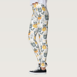 Whimsical Halloween Cauldron and Cats Pattern Leggings