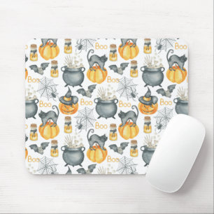 Whimsical Halloween Cauldron and Cats Pattern Mouse Pad