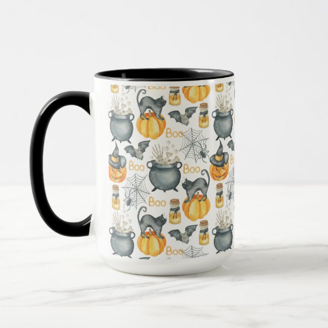 Whimsical Halloween Cauldron and Cats Pattern Mug (Left)
