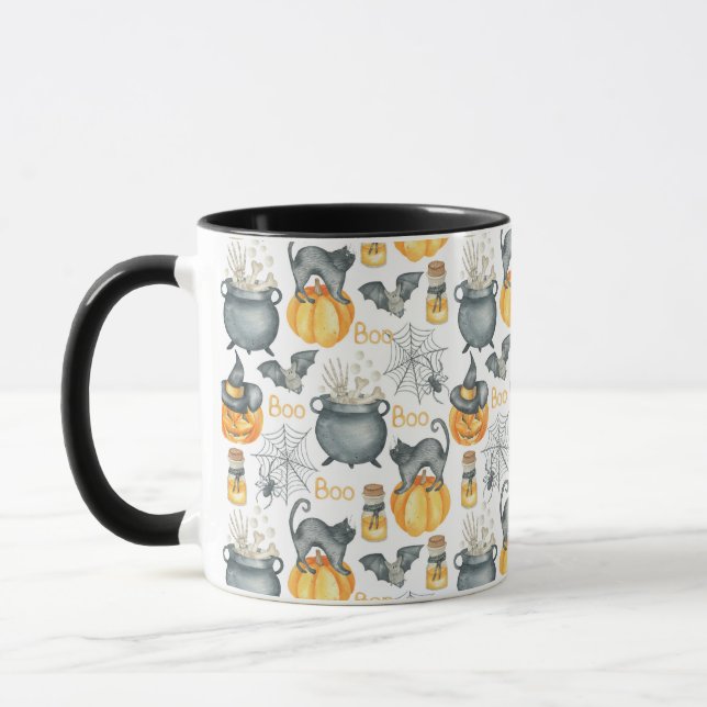 Whimsical Halloween Cauldron and Cats Pattern Mug (Left)